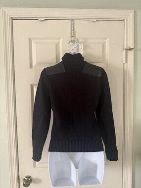 Black Half Zip Mock Neck Sweater Leather Look Shoulder Panels Size XS New